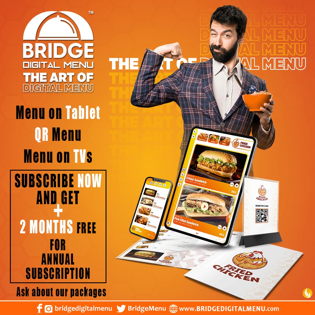 Subscribe and get your special offer now...
Make your menu ALIVE with Bridge Digital Menu...
Menu on Tablets...
QR Menu...
Menu on TVs...
For more information:
bridgedigitalmenu.com
#omanbusiness #oman_restaurants #muscatfoodies #muscatfoodbloggers #muscat #muscatoman #oman