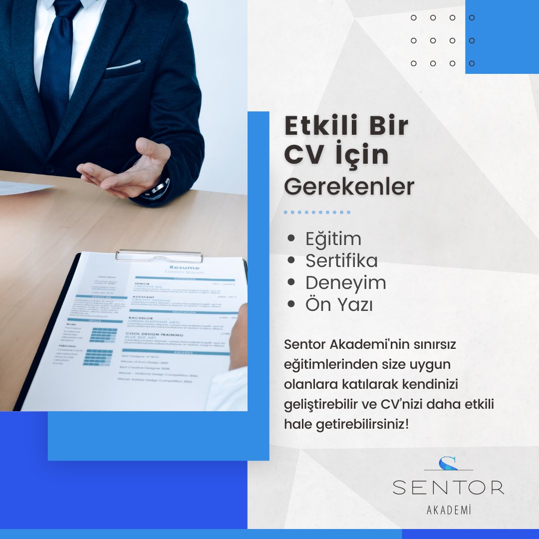 SentorAkademi's tweet photo. İş başvurularınızın bir adım öne geçmesi için sınırsız eğitimlerimizden size uygun olanlara katılarak kendinizi geliştirebilir ve CV’nizi daha etkili hale getirebilirsiniz.

#sentor #sentorakademi #akademi #academy #eğitim #education #bilgi #information #kurum #edevlet #cv https://t.co/SiKyu9DviQ