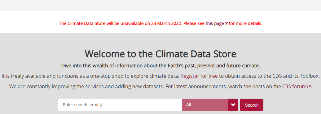 CopernicusECMWF's tweet photo. Due to the process of data migration to its new centre in Bologna, Italy, the #ClimateDataStore #CDS will be shut down today, 23 March 2022, and therefore unavailable for up to 1 day.

Thank you for your patience and support.

More info: https://t.co/TXQ4Ef2npA https://t.co/4P9MdKeRb0