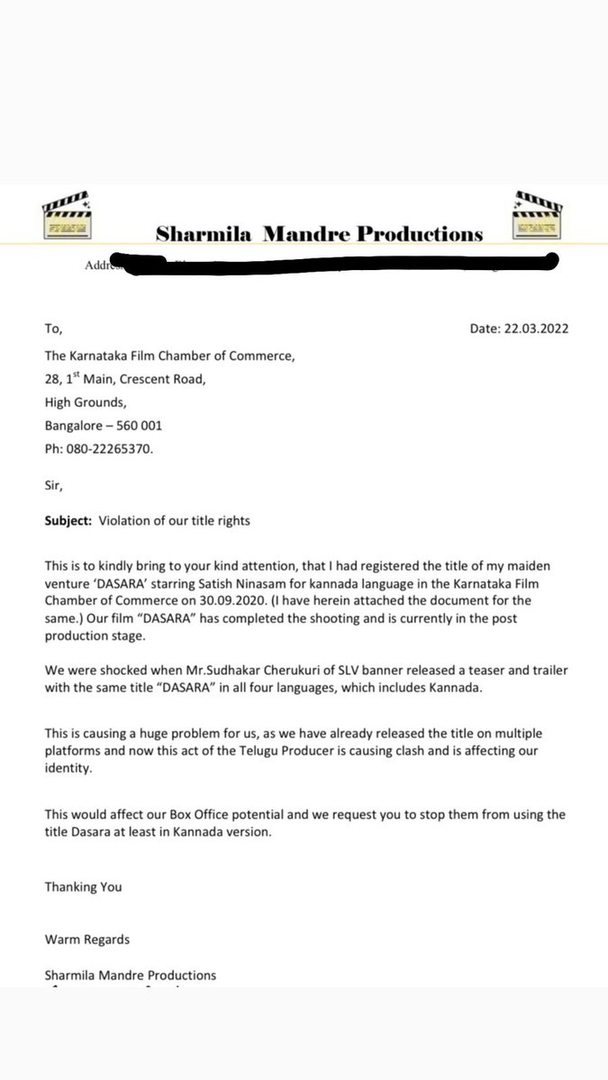 ShyamSPrasad's tweet photo. Sharmila Mandre who has produced the Kannada film #Dasara has complained to the KFCC wondering how another film was allowed to use the same title.  @sharmilamandre @SathishNinasam https://t.co/htSagWOssM