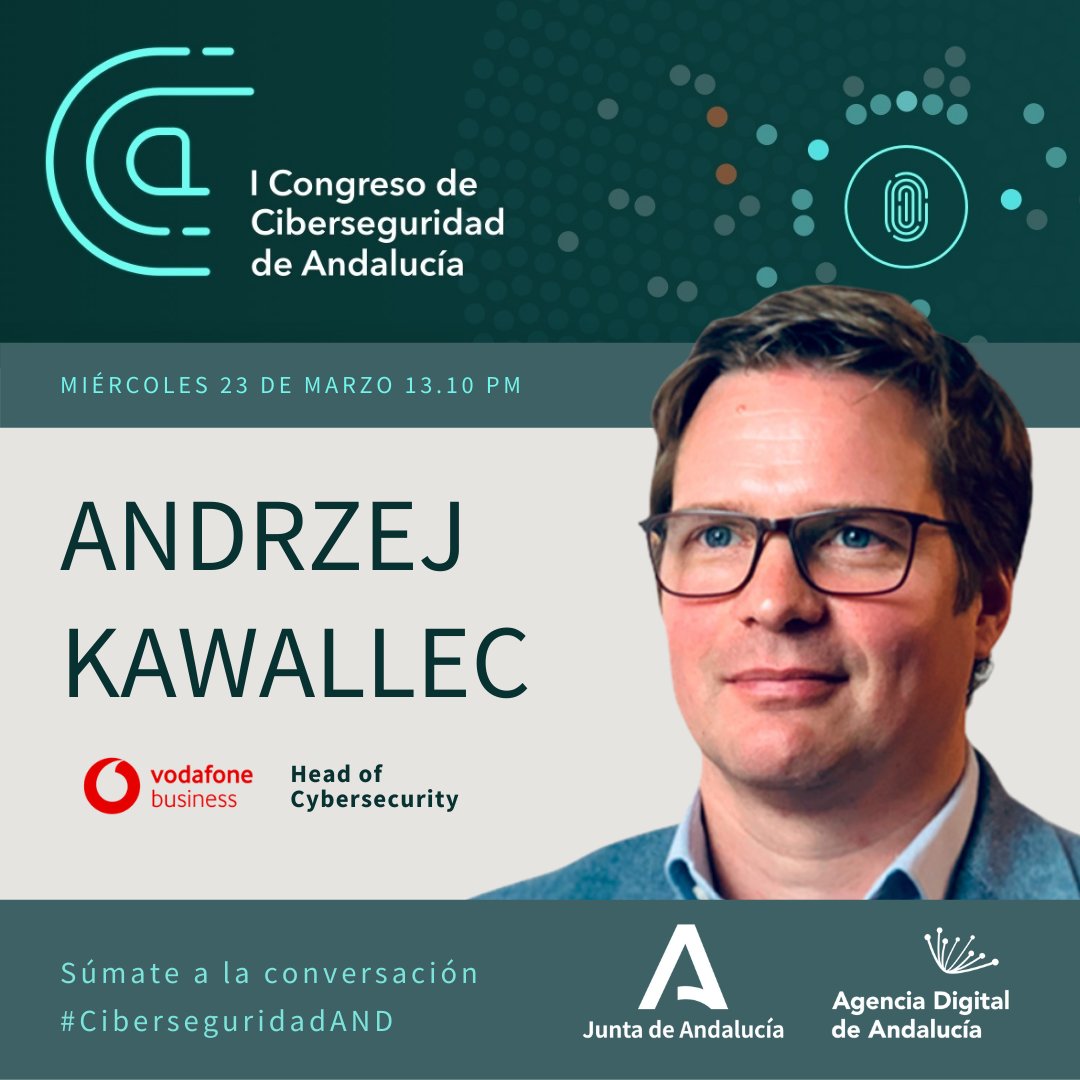 El I Congreso de Ciberseguridad de Andalucía #𝙲𝚒𝚋𝚎𝚛𝚜𝚎𝚐𝚞𝚛𝚒𝚍𝚊𝚍𝙰𝙽𝙳 cuenta con expertos referentes nacionales e internacionales como Andrzej Kawallec, Head of Cibersecurity en <a href="/VodafoneBiz/">Vodafone Business</a> 
➡Consulta el programa completo del evento en: lnkd.in/eCRGWRmp