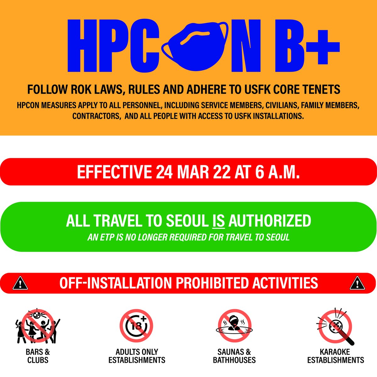 USForcesKorea's tweet photo. Seoul is open 

Effective Thursday, March 24, at 6 a.m., ALL travel to Seoul is authorized.

@UN_Command | @USEmbassySeoul | @EighthArmyKorea https://t.co/3WX0gqmaDN