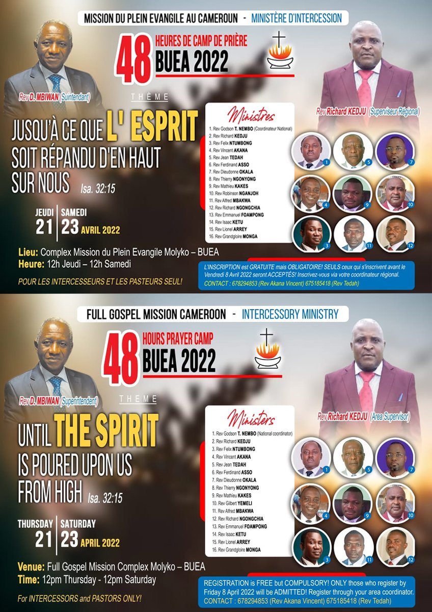 fgmcm_org's tweet photo. #FGMCameroon
#IntercessoryMinistry
48 hours Prayer Camp 
Until THE SPIRIT is Poured Upon us From High
Register now with the Numbers on the Flyer https://t.co/ck37UxnykS
