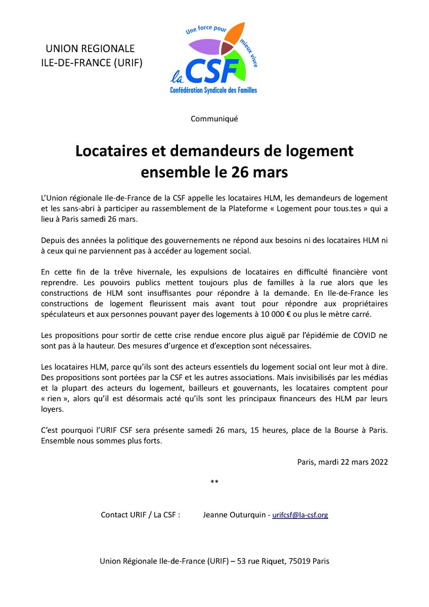 CsfUd92's tweet photo. Ensemble contre les expulsions locatives samedi 26 mars
#LaCSF
#HLM
#LocatairesHLM
#Clichy https://t.co/yNcq2p8Mn2