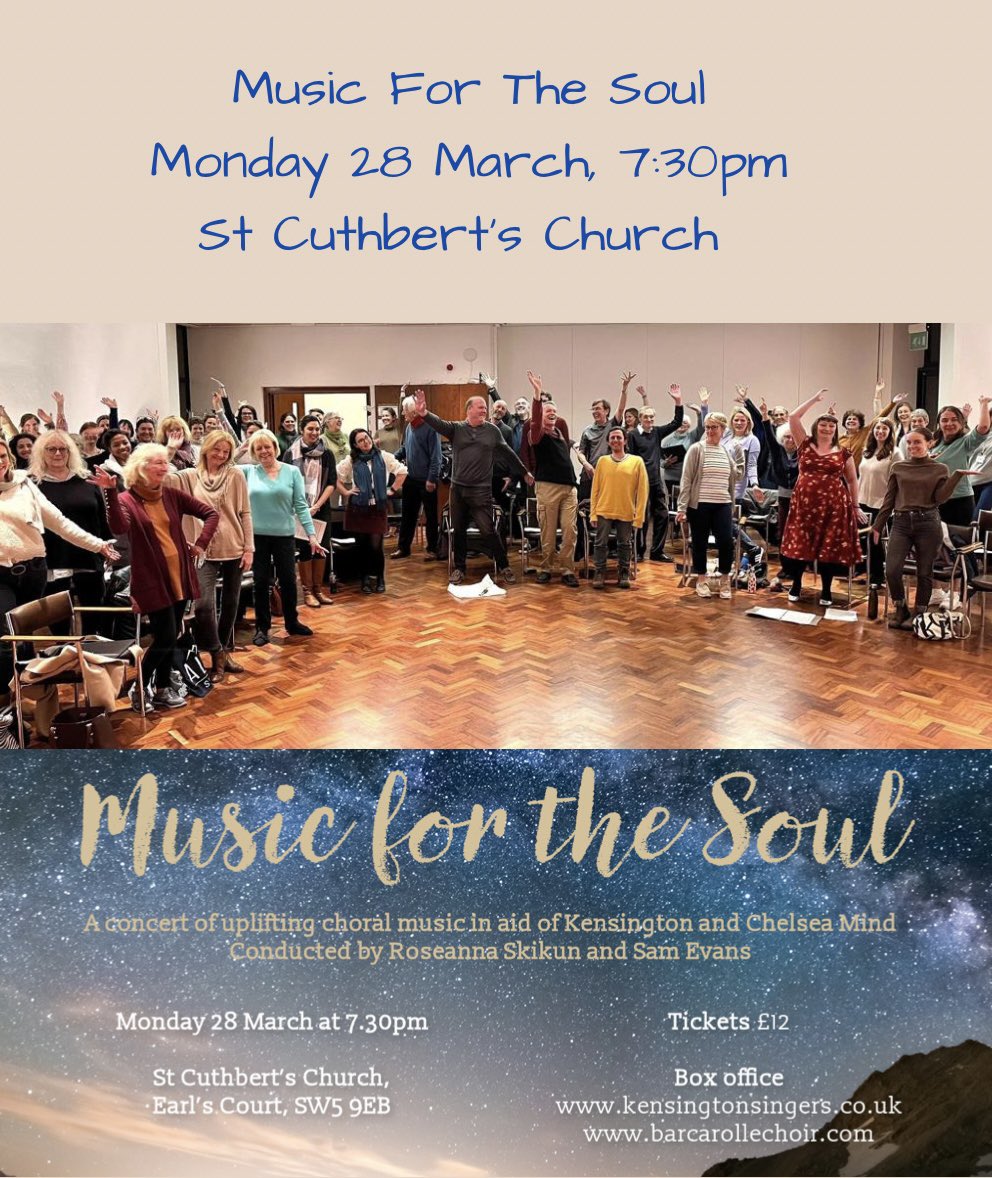 Monday 28 March, 7:30pm:

Join our member club <a href="/BarcarolleChoir/">Barcarolle Choir</a> joining forces with <a href="/KensingtonSings/">Kensington Singers</a> in a concert with uplifting choral music conducted by @SamEvansLondon at <a href="/StCuthbertEC/">St Cuthbert's Church</a> 
in aid of the kensington based #charity <a href="/KandCMind/">KC Mind</a> 

<a href="/RBKC/">Royal Borough of Kensington and Chelsea</a> <a href="/RBKCculture/">RBKC Culture</a> <a href="/SouthKensington/">Discover South Ken</a>