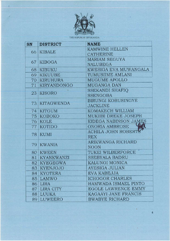 I hereby inform the Country that By virtue of Authority given to the President by Article 99 (1) and 203 (1) of the 1995 Constitution of the Republic of Uganda, I hereby appoint the following RDCs, DRDCs, and Commissioners at RDC's Secretariat as indicated below: