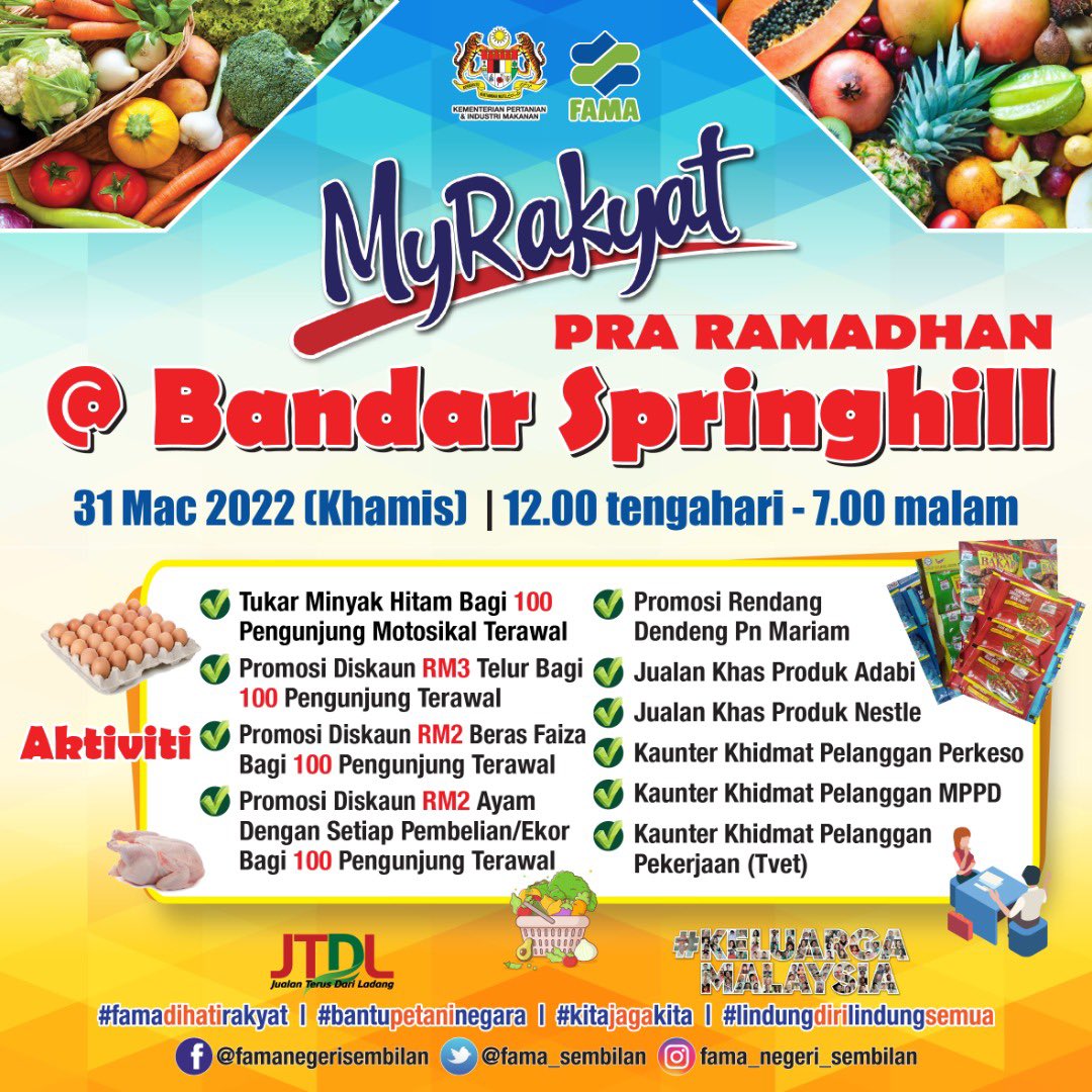 FAMA_N9's tweet photo. 💥JOM BERAMAI-RAMAI 💥
💥JOM BERAMAI-RAMAI💥
💥JOM BERAMAI-RAMAI 💥

Khas Buat Penduduk Sekitar Bandar Springhill ‼️📢📢

⚡⚡ Program MyRakyat Pra Ramadhan  akan bersama-sama anda di Tapak Pasar Tani Bandar Springhill ‼️🤩🤩 https://t.co/69I9o8SPQl