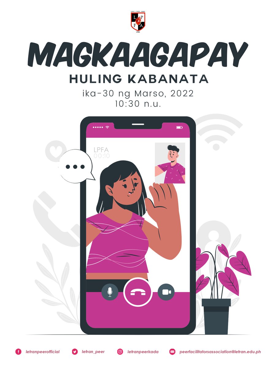 Letran_Peer's tweet photo. PEERkada, matagal na tayong hindi nagkikita-kita. Miss niyo na ba makihalubilo sa isa't isa?

This is your invitation to come rest and hang out with the Letran Peer Facilitators' Association para sa nalalapit na "Magkaagapay: Ang Huling Kabanata" ngayong ika-30 ng Marso, 2022! https://t.co/QF0FFNSGaR