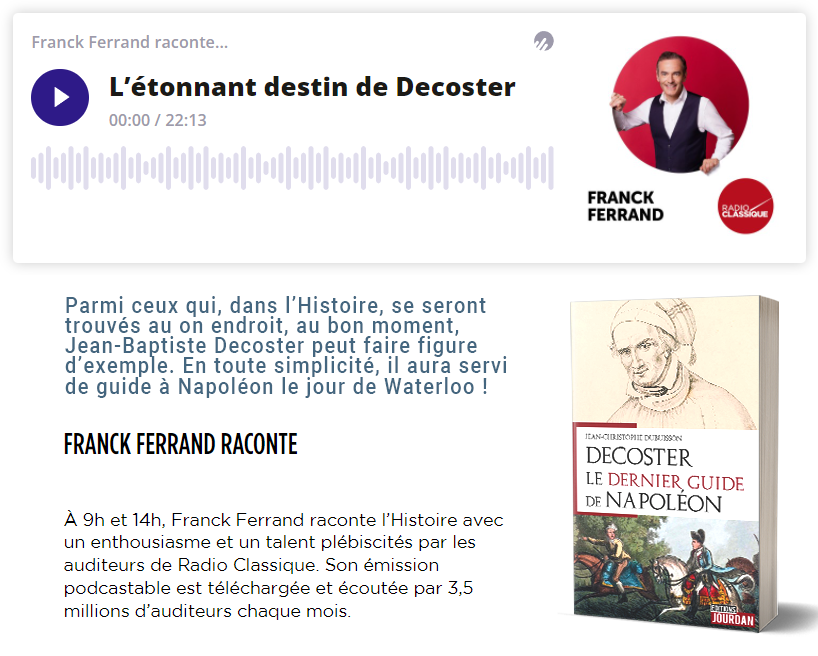 Le livre "Decoster, le dernier guide de Napoléon", de Jean-Christophe Dubuisson, était le sujet de l'émission de <a href="/FranckFerrand/">Franck Ferrand</a>  ce mardi 22 mars.

🔉a écouter ici : radioclassique.fr/.../franck-fer…
🛒 Disponible en librairie et sur Internet : amazon.fr/Decoster-derni…