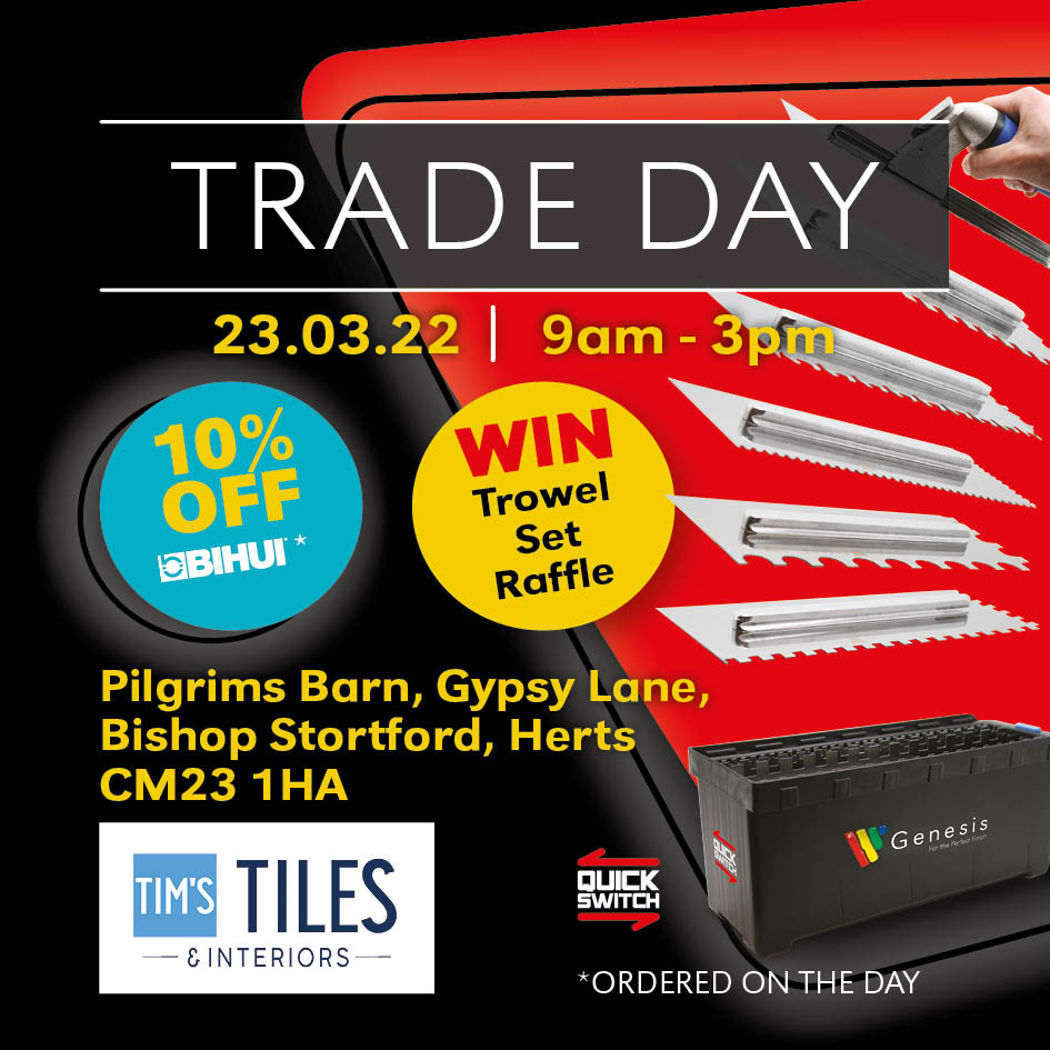 GenesisAPS's tweet photo. Trade day with Tim's Tiles & Interiors today!
10% off the BIHUI range and grab a chance to win the trowel set.
Postcode CM23 1HA
Time - 9am to 3pm.
#tradeday #genesisglobalsystems #timstiles #tilers #tiles #ceramics #floors https://t.co/LfwBKGOU1A
