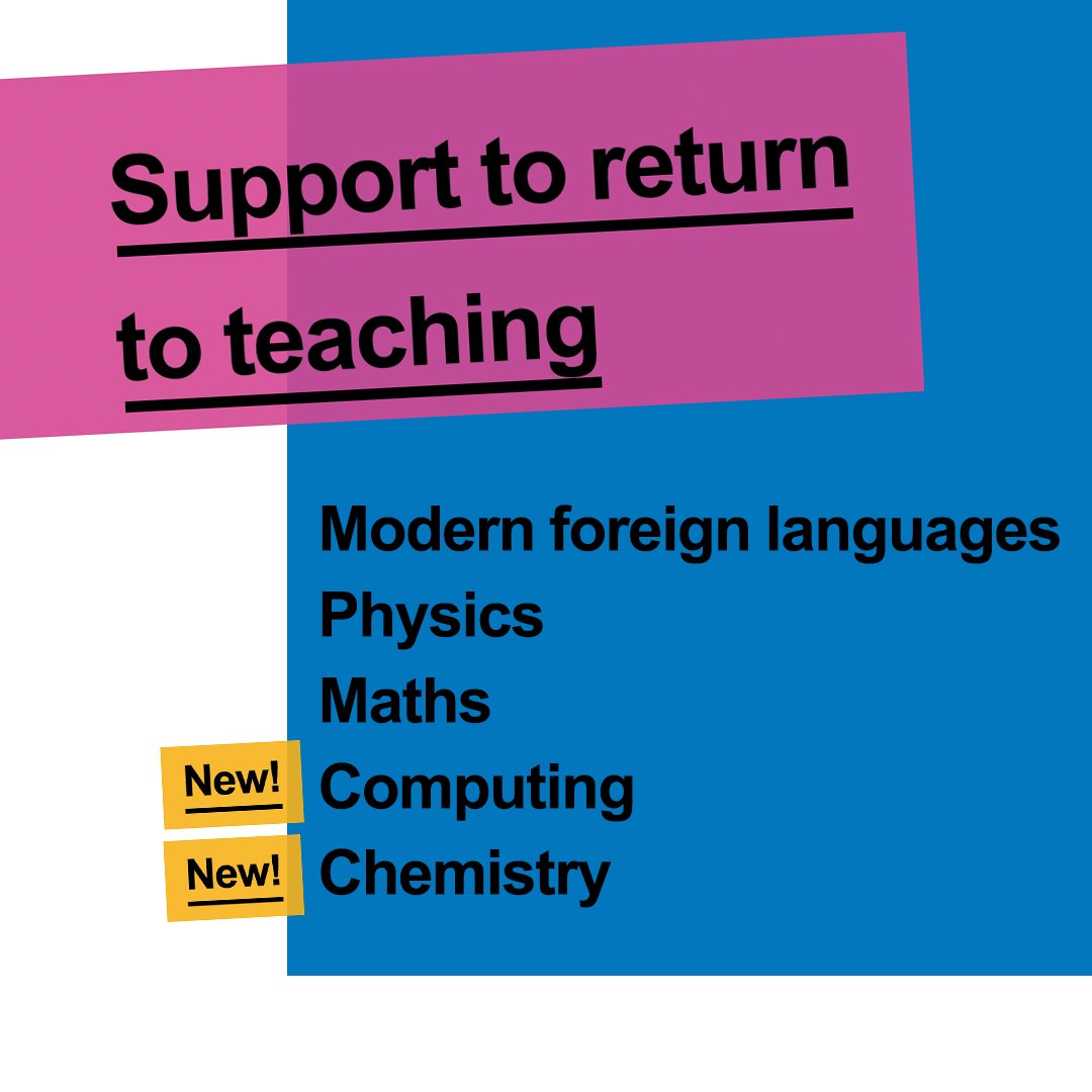 ReturnTeaching's tweet photo. We now support #teachers who wish to #returntoteach #Chemistry and #Computing as well as #Maths #MFL #Physics so if you're a #subjectassociation that supports any of these subjects and have any CPD, courses, events or information for returning teachers please get in touch! #teach https://t.co/6ZsOr4oPab