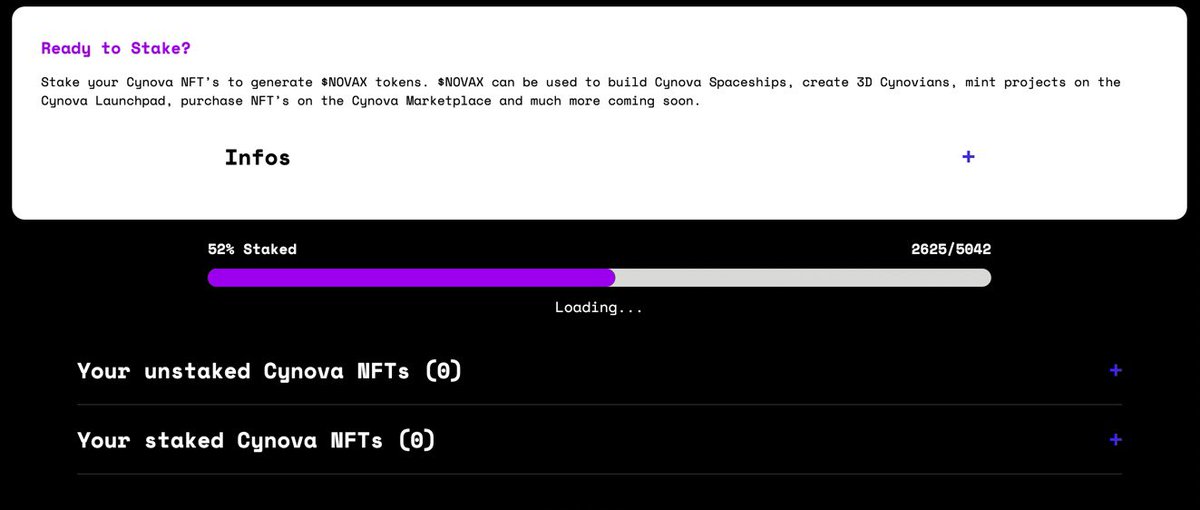 52% of Cynovian’s are staked already! 🔥

Staked Cynovians earn $NOVAX daily which can then be burned to receive a 3D Cynovian NFT.

#nft #nftcommunity #nfts #solana