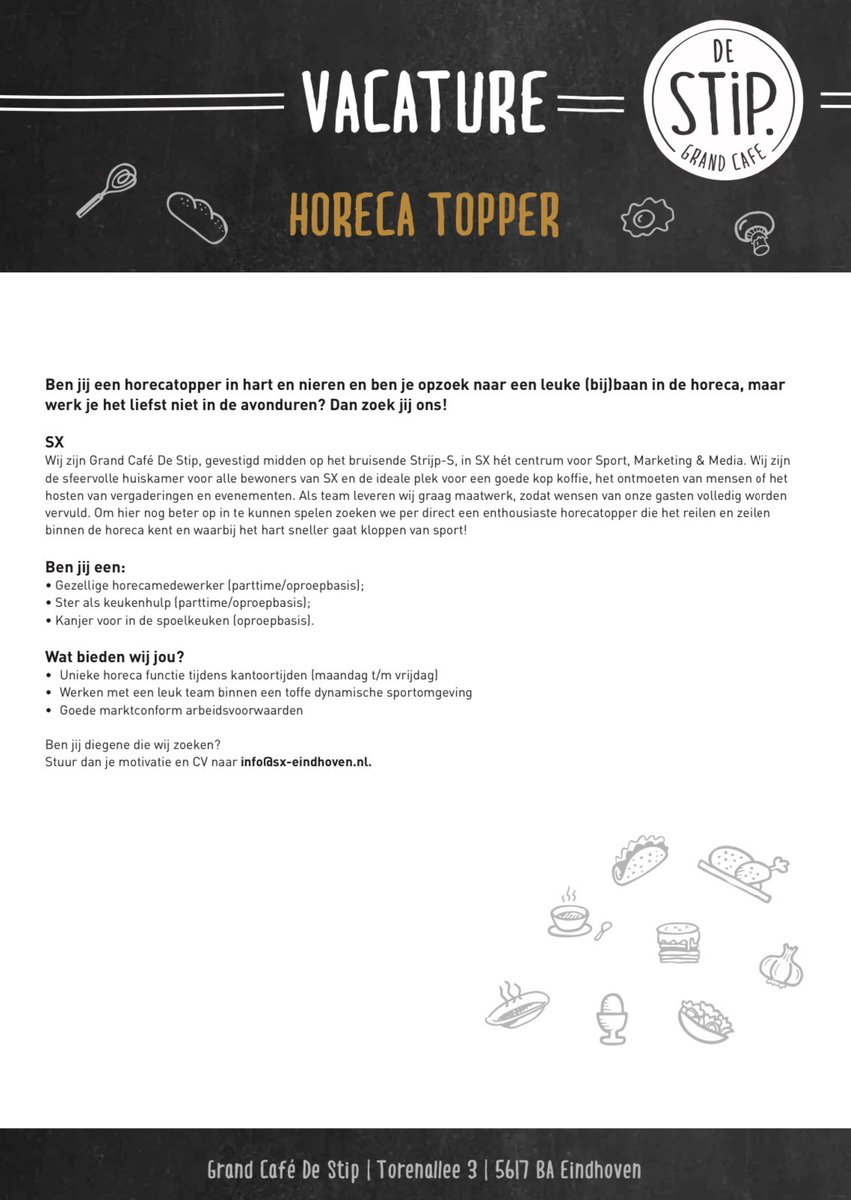 Wij zoeken versterking (parttime of op oproepbasis) 💪🏼, ken jij een horecatopper? Deel het met ons! #vacatureeindhoven #oproepkracht #parttimejob #vacaturehoreca #keukenvacatures #keukenvacature #bedieningsmedewerker