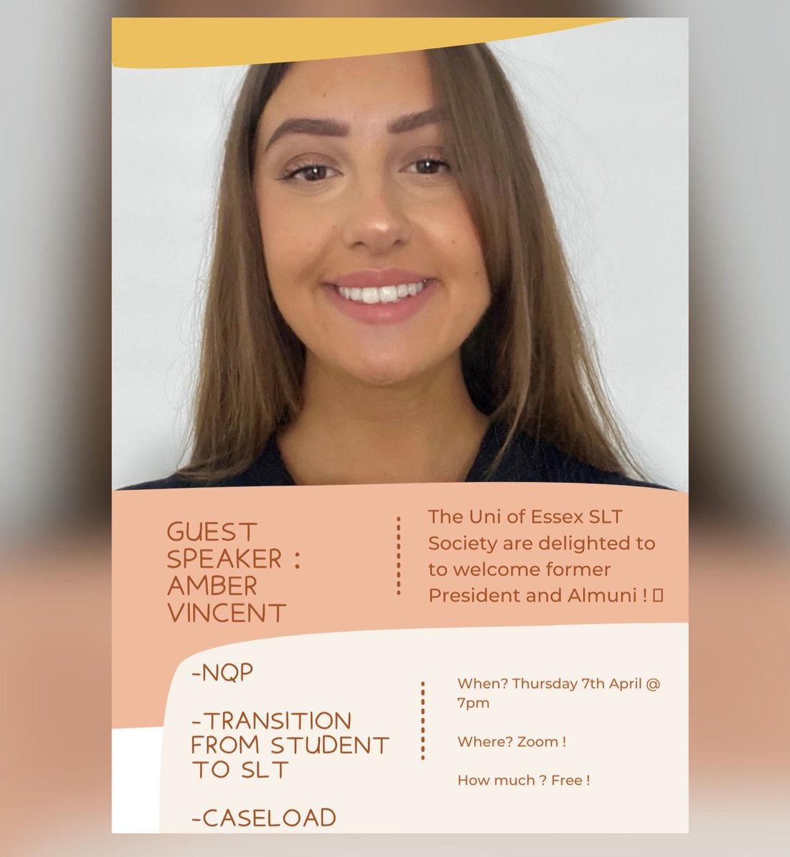 Uni of Essex SLT Soc (@sltsocietyessex) on Twitter photo We are delighted to announce that we are welcoming back former President of the SLT Society, founder of <a href="/sljournalclub/">National Student Led Journal Club</a> and current Paediatric SLT @AmberV_SLT !
Amber will be speaking to our members about the transition from student to SLT, caseload and all things NQP 🎉🗣 We are delighted to announce that we are welcoming back former President of the SLT Society, founder of <a href="/sljournalclub/">National Student Led Journal Club</a> and current Paediatric SLT @AmberV_SLT !
Amber will be speaking to our members about the transition from student to SLT, caseload and all things NQP 🎉🗣