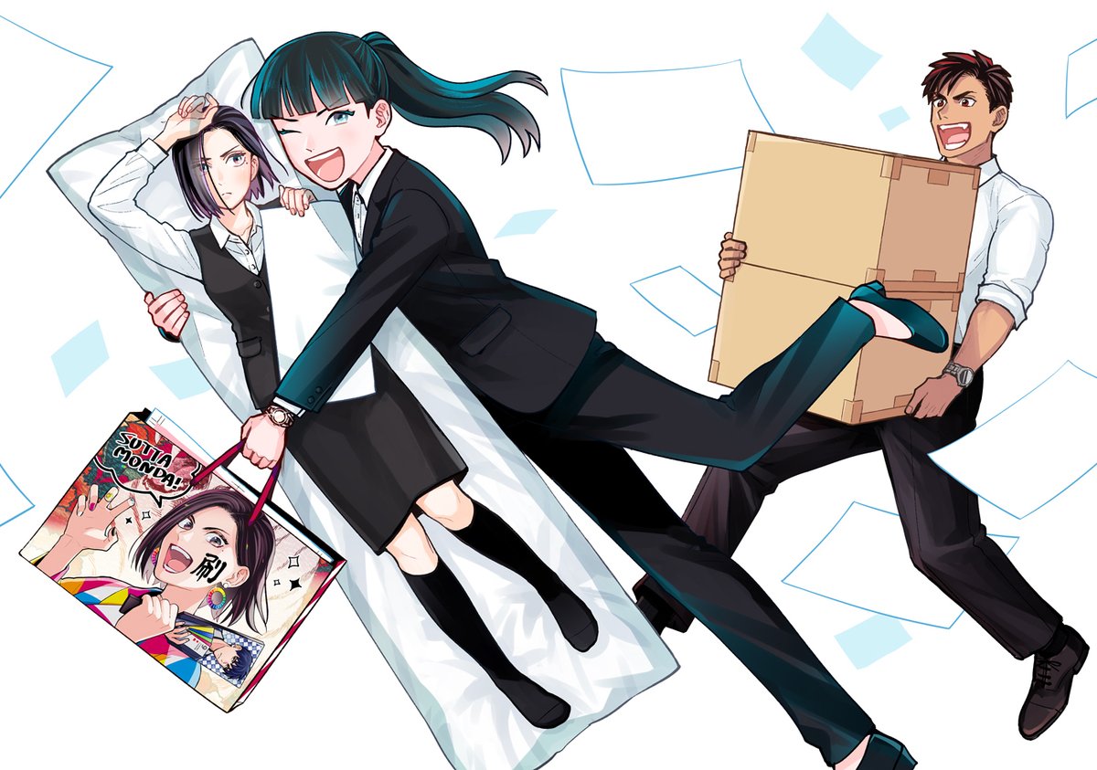 『#刷ったもんだ!』6巻本日発売です～どうぞよろしくお願いします!
画像はカバー元絵とそのラフ案です。営業組(+主人公)の表紙!ということで先輩の栗山を入れた案も描いたんですが結局いない案になりました…。 https://t.co/PRpGMH5e22 