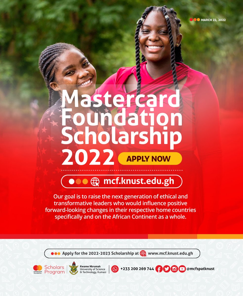 KNUSTGH's tweet photo. Mastercard Foundation Scholars Program at KNUST provides comprehensive scholarships for access to quality university education to QUALIFIED academically talented, yet economically disadvantaged young people in Ghana and Africa. Apply Now: https://t.co/gU65CiAn00 https://t.co/bf1hZAgyMW