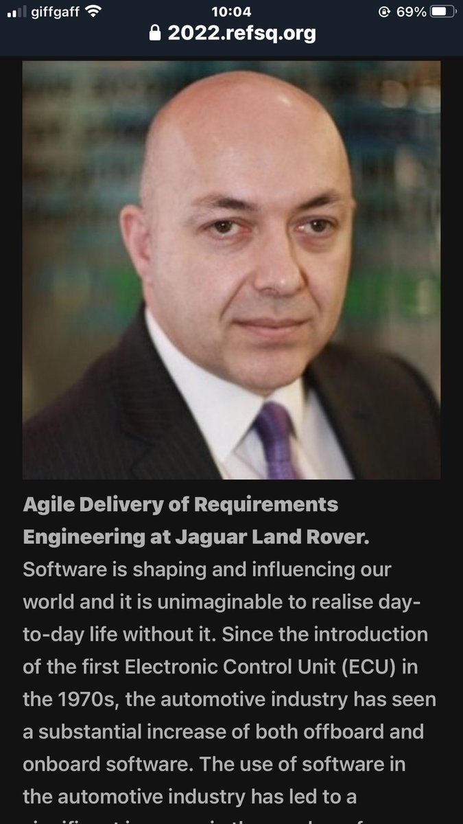 nellybencomo's tweet photo. Key Note speaker Dr. Alex Mouzakitis -Chief Technical Specialist for Systems Engineering at Jaguar Land Rover. Excellent talk ! @WC_REFSQ #REFSQ22: industry and academia need to work together. https://t.co/kI541EqVZa