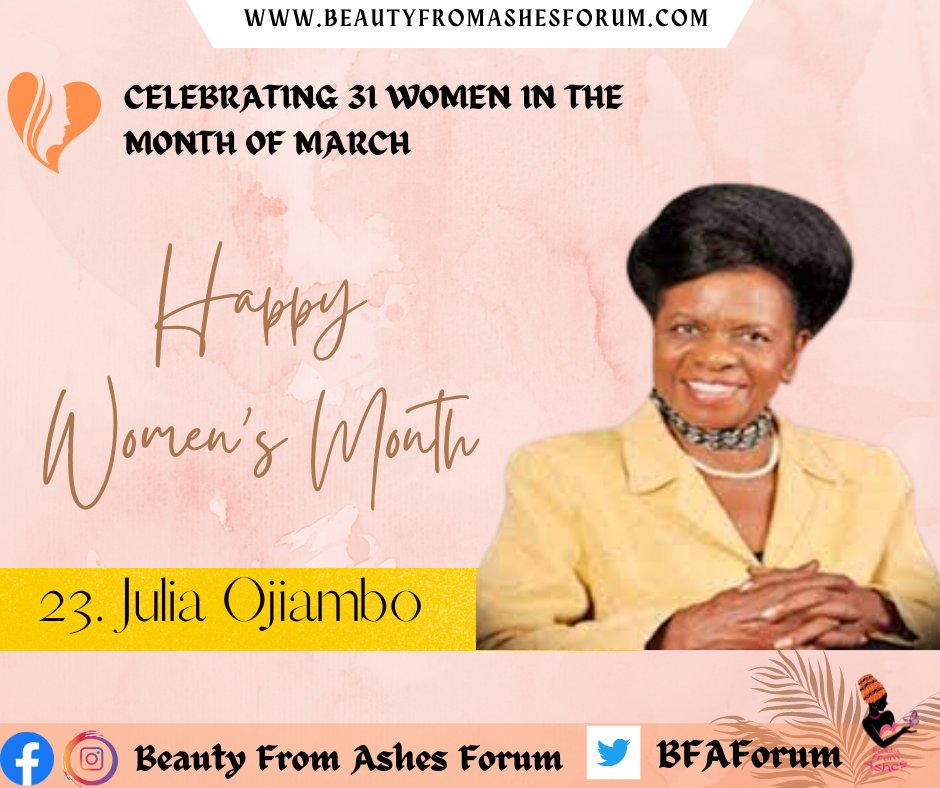 BFAForum's tweet photo. 🌹Julia Auma Ojiambo is a Kenyan woman politician, academic, researcher, and gender activist. Born on 29 November 1936 in the current Busia County
Read all about her as we celebrate women: https://t.co/Uu1iToLclW
#wednesdaythought #WednesdayMotivation  #BFAForum #celebratingwomen https://t.co/zAm5z7vZAo