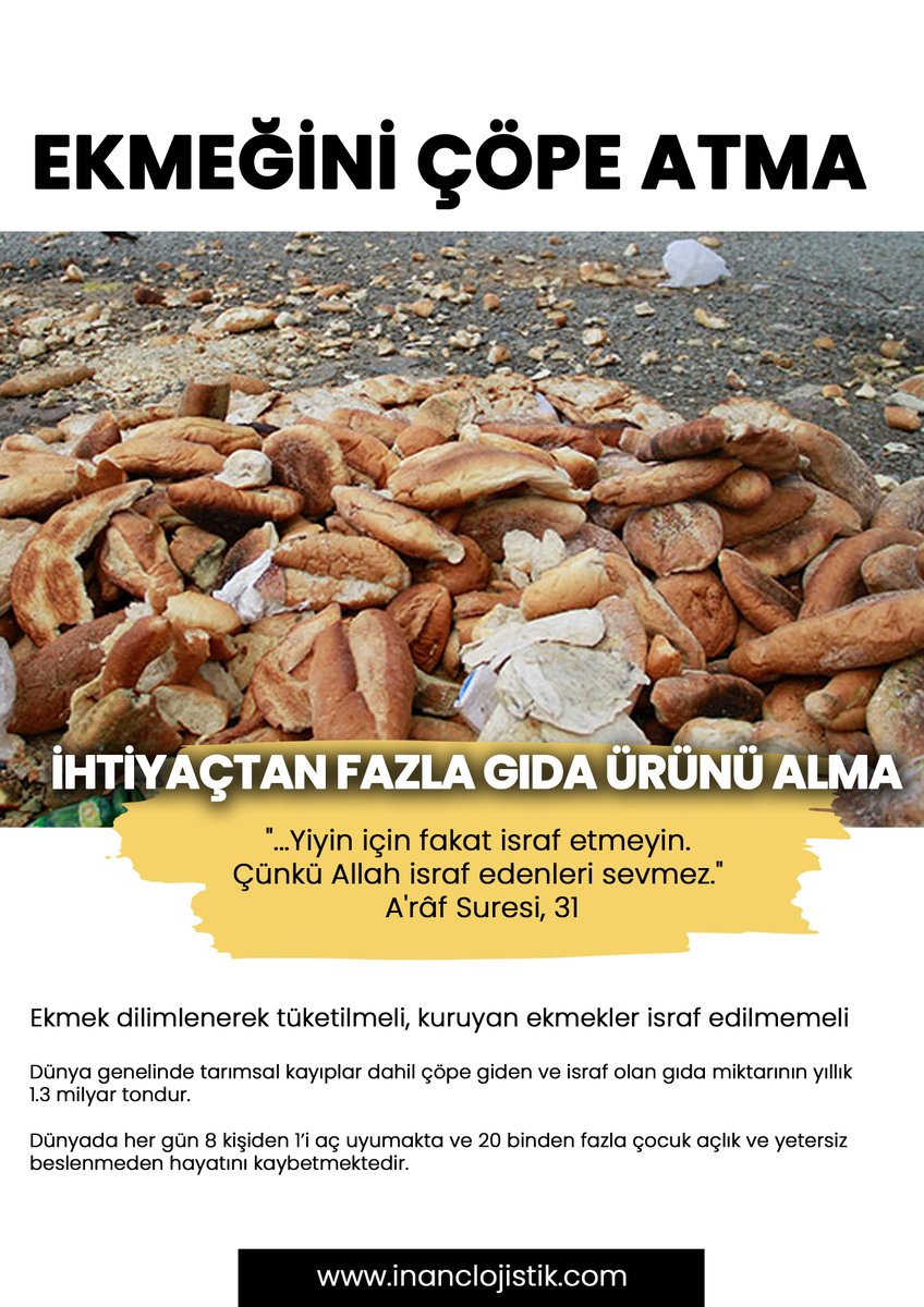 "Yiyin için fakat israf etmeyin. Çünkü Allah(c.c) israf edenleri sevmez." A'raf Suresi,31
#israfahayır #ekmek <a href="/nkulunk/">Nejdet Külünk</a>