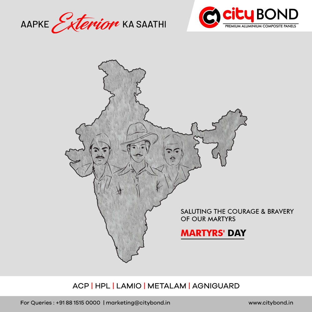 CityBondacp's tweet photo. They still live in our hearts. Saluting their bravery and valour.
.
.
#ShaheedDiwas #martyrsday #citybond #hplsheets #aapkeexteriorkasaathi #acp #HPL #woodenacp #Interiors #Stonefinishacp #aluminiumcompositepanel https://t.co/Sr4myEiDcN