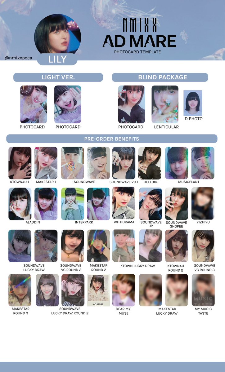 nmixxpoca's tweet photo. [UPDATE]

NMIXX PHOTOCARD TEMPLATE / NMIXX PC TEMPLATE / 엔믹스 포토카드 리스트 / 엔믹스 포카 리스트
UPDATED: 23/03/2022

updated
✅ lucky draw makestar , my music taste

♡ lily
♡ haewon
♡ sullyoon
♡ jinni

#NMIXX #엔믹스 https://t.co/oFqhHUn1pr