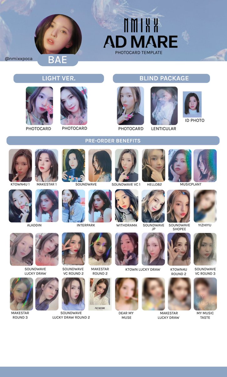 nmixxpoca's tweet photo. [UPDATE]

NMIXX PHOTOCARD TEMPLATE / NMIXX PC TEMPLATE / 엔믹스 포토카드 리스트 / 엔믹스 포카 리스트
UPDATED: 23/03/2022

updated
✅ lucky draw makestar , my music taste

♡ bae
♡ jiwoo
♡ kyujin

#NMIXX #엔믹스 https://t.co/B0TkpMxC9s