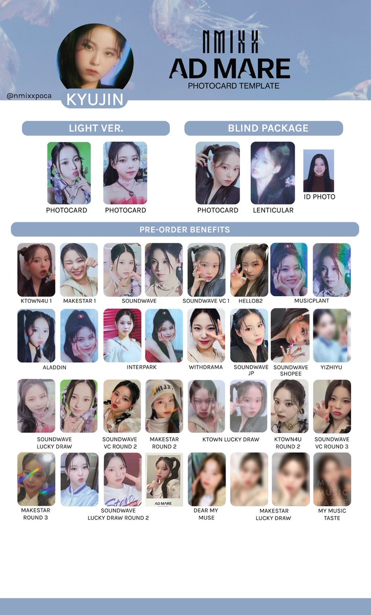 nmixxpoca's tweet photo. [UPDATE]

NMIXX PHOTOCARD TEMPLATE / NMIXX PC TEMPLATE / 엔믹스 포토카드 리스트 / 엔믹스 포카 리스트
UPDATED: 23/03/2022

updated
✅ lucky draw makestar , my music taste

♡ bae
♡ jiwoo
♡ kyujin

#NMIXX #엔믹스 https://t.co/B0TkpMxC9s
