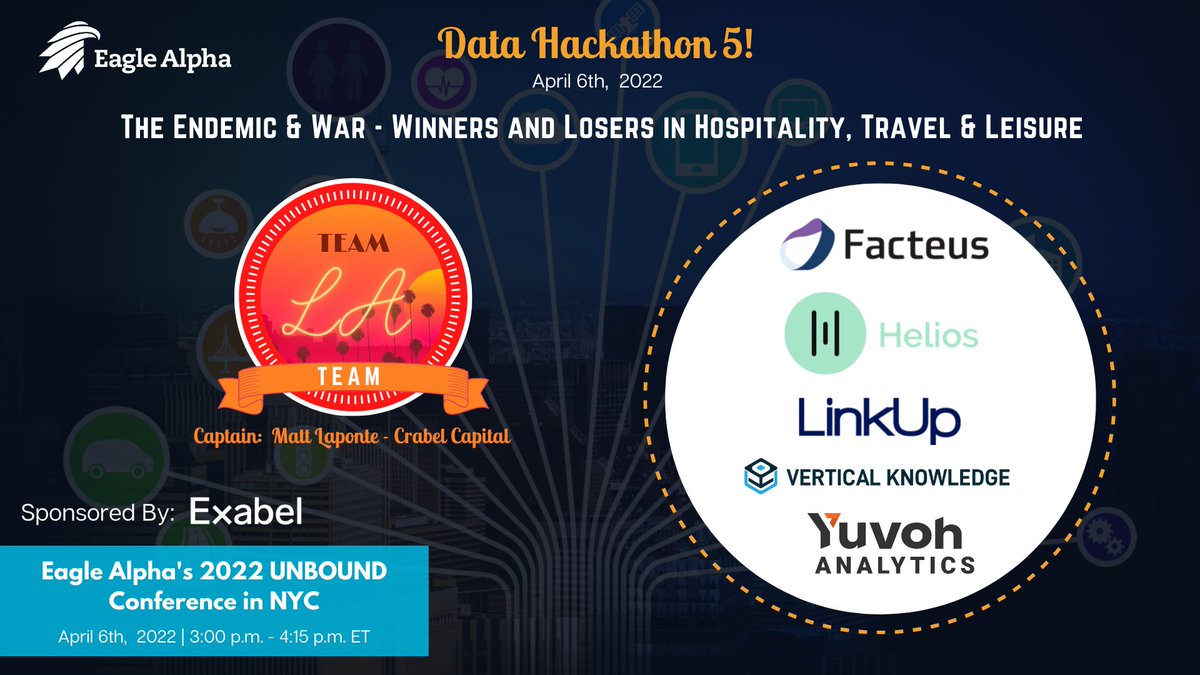 #ConferenceUpdate - This week we will be announcing our expert teams and judges participating in our 5th Alternative Data #Hackathon at our UNBOUND Conference in NYC on April 6th! Today we are focusing on Team L.A. led by Matt Laponte of Crabel Capital Management, LLC.