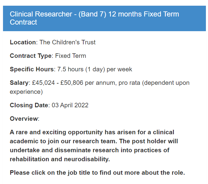 Thinking about developing an academic profile?  Take the step and enjoy some time at <a href="/Childrens_Trust/">The Children's Trust</a>    learning skills, methods and PPI .  Pls share this great opportunity with your AHP networks tinyurl.com/2p8mz5y9 <a href="/SLTLoulou/">Louise (she/her) 🏳️‍🌈</a>  <a href="/ElizabethCasso1/">ElizabethCassonTrust</a> <a href="/DrGillianWard/">Gillian Ward</a> <a href="/MOReS_OBU/">MOReS_OBU</a> 👇👇