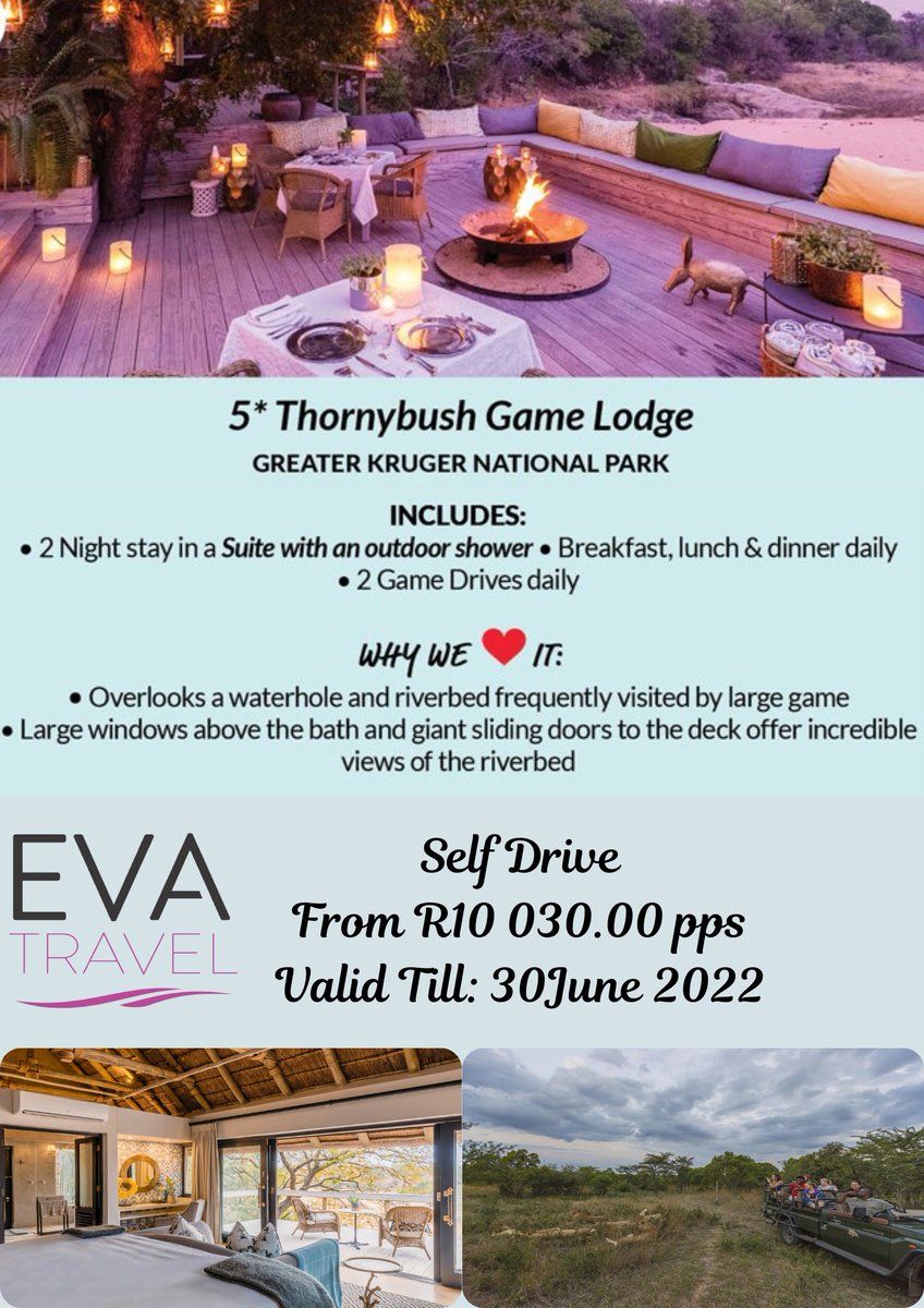 StaceyGreef's tweet photo. The lavish Thornybush Game Lodge is situated in the Thornybush Private Game Reserve adjacent to the Kruger National Park in South Africa
Enquire today! T's &amp; C's Apply.
Facebook: https://t.co/ijAJAHlLyz
Email: stacey@evatravel.co.za
Web: https://t.co/I7404OwekO https://t.co/A1szb70xzv
