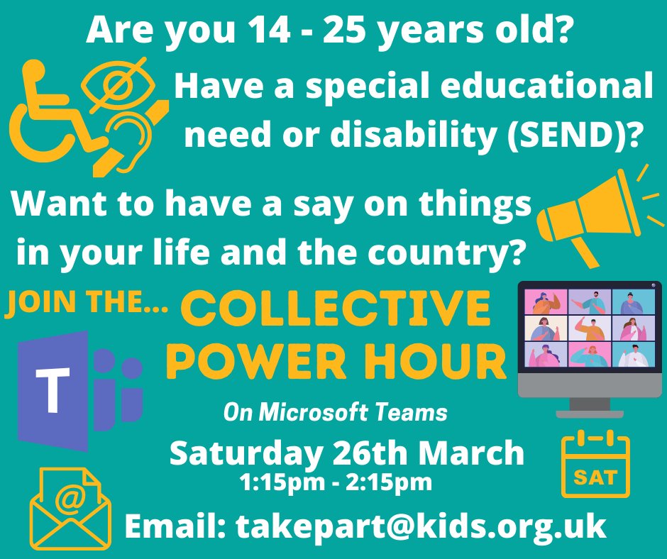 YPtakepart's tweet photo. 14 - 25 years old?  Have a special educational need/ disability (SEND)? Want to have a say on things?
Join the COLLECTIVE POWER HOUR on Microsoft Teams. Sat 26th March 1:15pm - 2:15pm
Email takepart@kids.org.uk
#SEND #disability #youthvoice #participation #makingparticipationwork https://t.co/JA7rW7fT2c