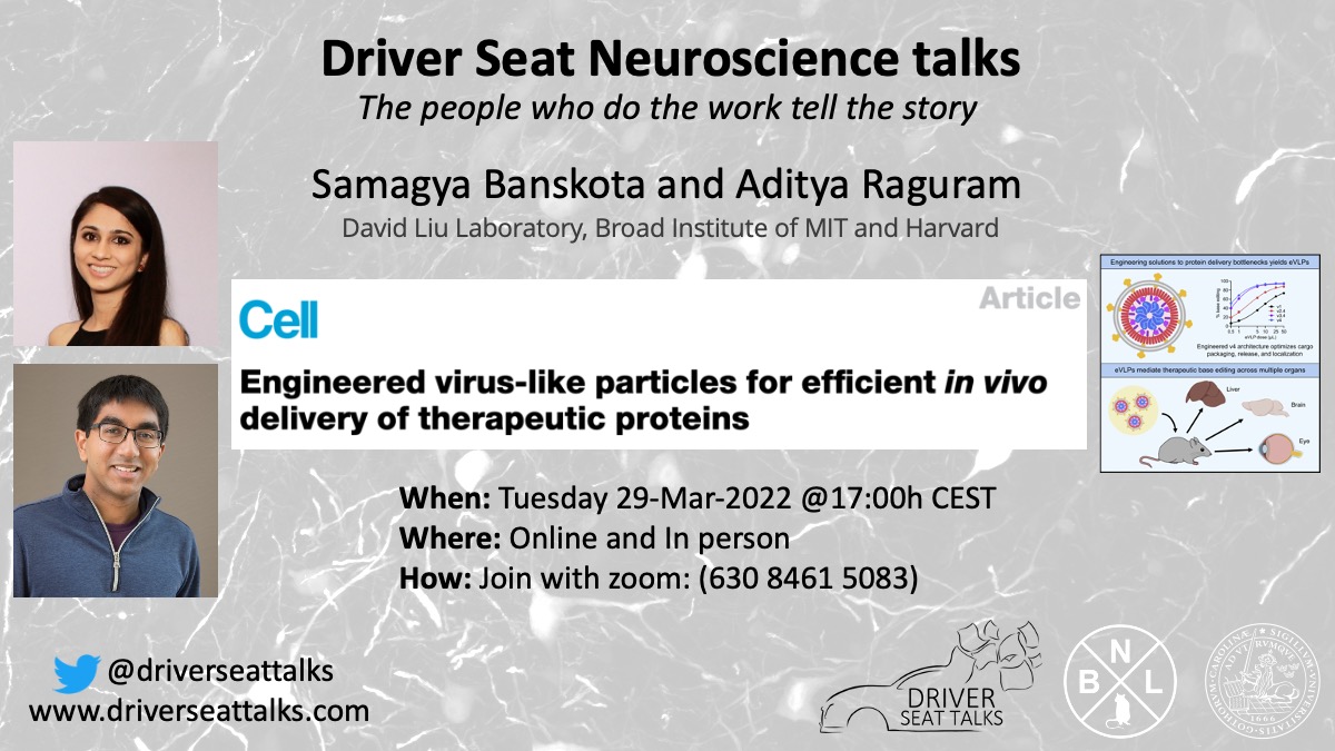 driverseattalks's tweet image. Next week, we welcome Samagya Banskota (@samagyabanskota) and Aditya Raguram from the David Liu Lab (@liugroup) into the Driver Seat to present their @CellCellPress paper on developing virus-like particles for in-vivo protein delivery!

Join us on Tues 29-March-22 at 17:00h CEST!
