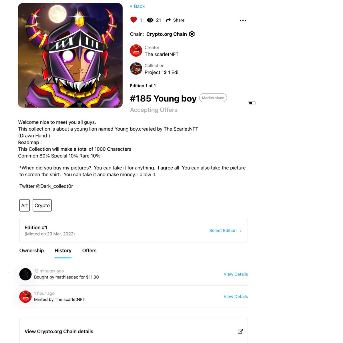 Bid over on crypto.com
New owner Mathiasdac
Thank you for supporting❤️❤️❤️ เปิดบิดแค่ 1 ชั่วโมง งานออกแล้วครับ( ขอบคุณเพือนๆที่ช่วยรีพินครับ❤️❤️❤️)
#NFTs #NFTCommmunity #NFTCommumity