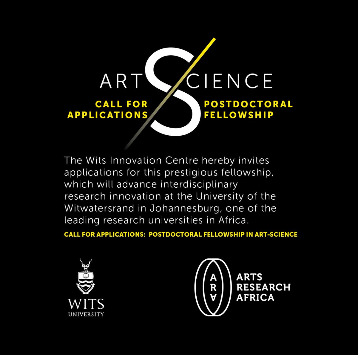 ARA_Wits's tweet photo. CALL FOR APPLICATIONS:  POSTDOCTORAL FELLOWSHIP IN ART-SCIENCE - Long duration residency for an artist to work as part of a leading science lab at @WitsUniversity

The Wits Innovation Centre calls for applications for a 1 year postdoctoral fellowship, renewable. Closing 31/05/22. https://t.co/Qd7iy6RGql