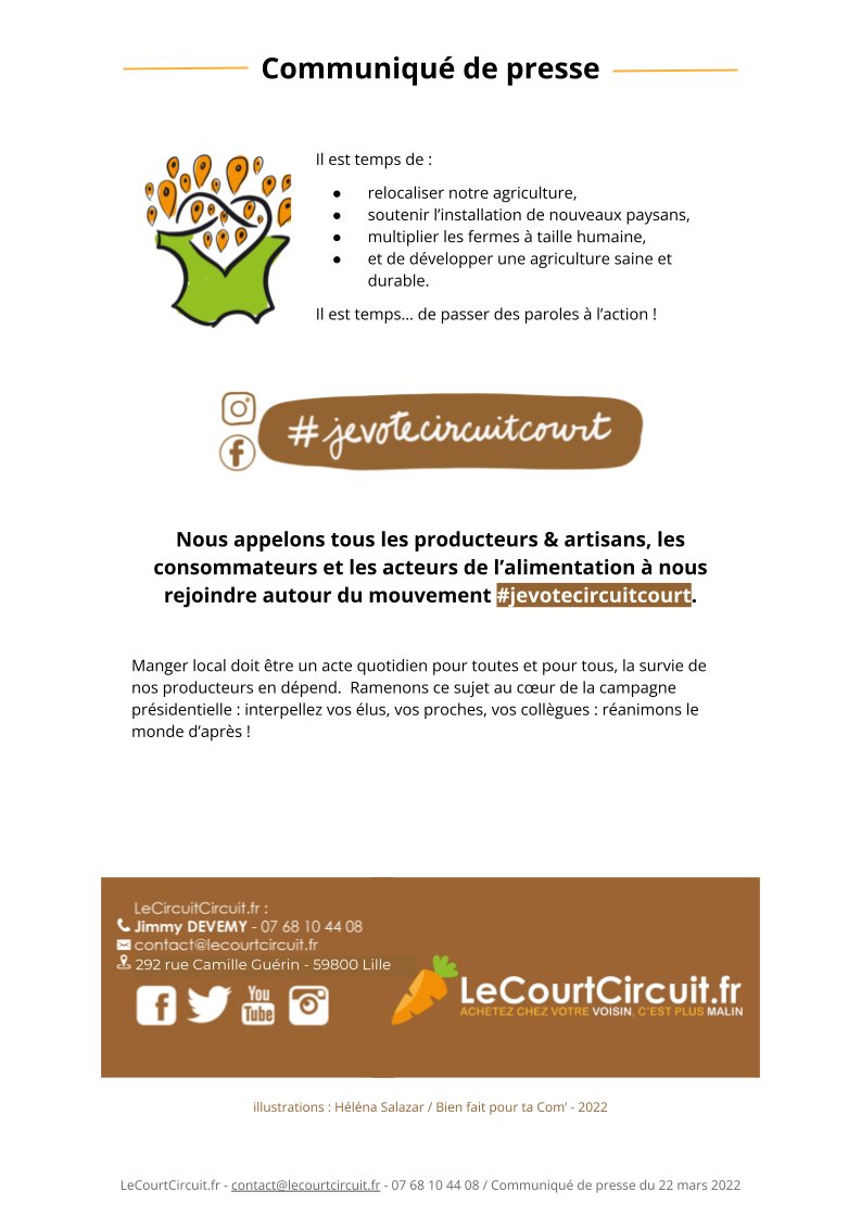 [Communiqué de presse] Tous les jours, je vote circuit court ! On compte sur vous pour rejoindre le #jevotecircuitcourt Donnez de la force à la campagne et à vos producteurs &amp; artisans.