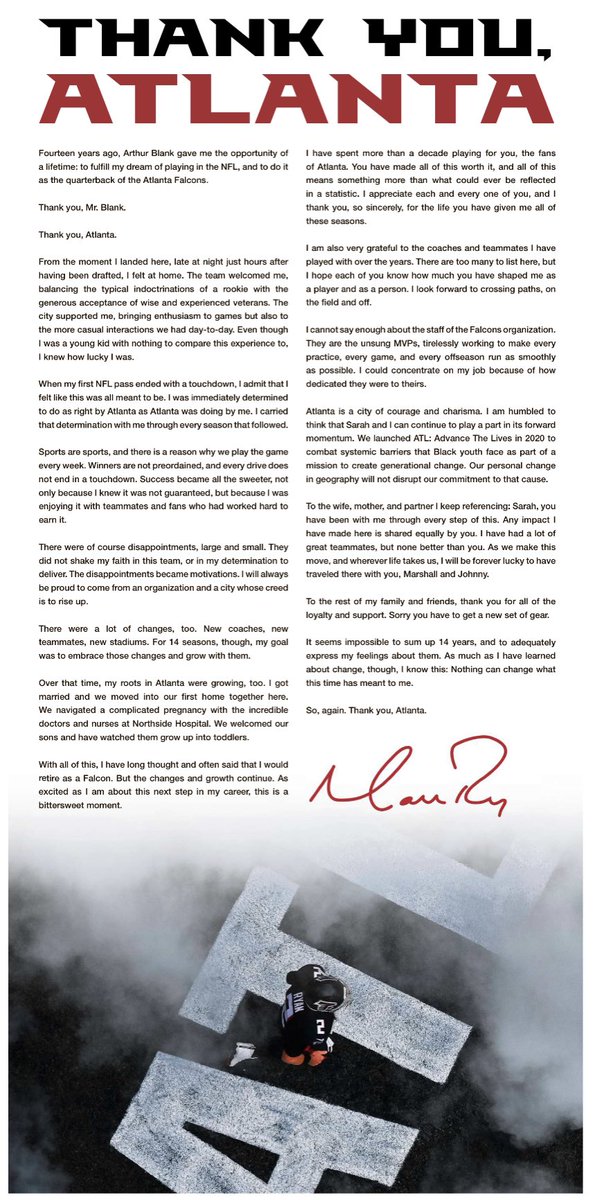 Kevin_Riley2023's tweet photo. Former Falcons quarterback @M_Ryan02 places a full-page in The Atlanta Journal-Constitution to thank fans. @DOrlandoAJC https://t.co/5QXr821Fyc