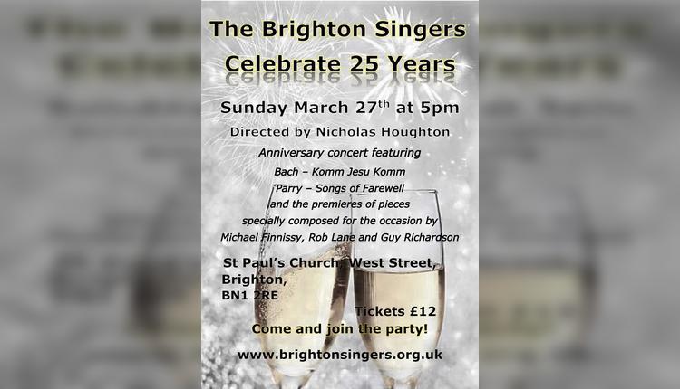 NewMusicBrightn's tweet photo. In 2022 The Brighton Singers celebrate 25 years of music-making with a special anniversary concert. A sparkling programme which features #Bach, #Parry, #Finnissy, #RobLane and the first performance of 'Farewell' for unaccompanied #choir by #GuyRichardson.

https://t.co/fcyH8Tt25j https://t.co/Qe5TycI7kL