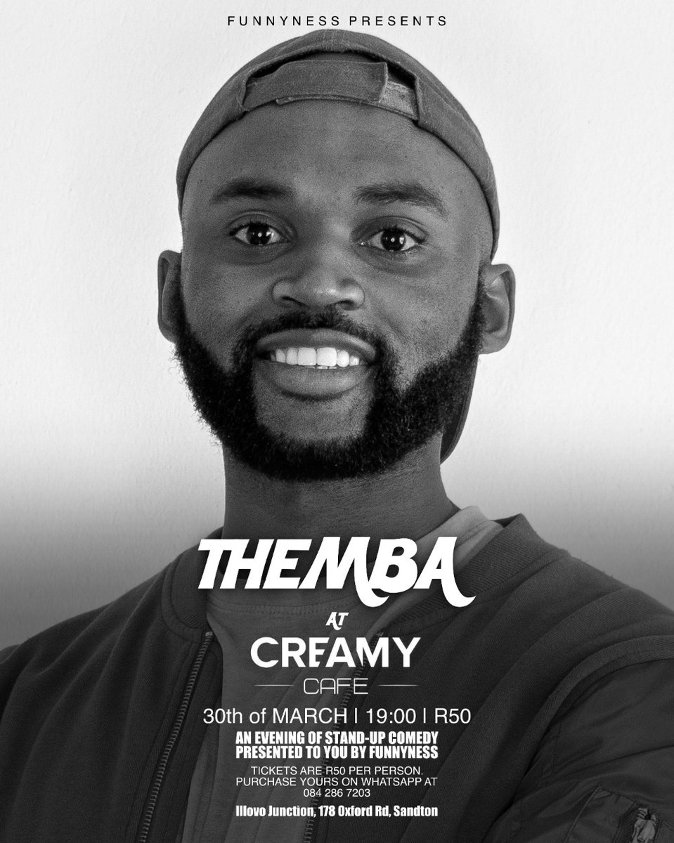 funnyness_sa's tweet image. dad joke specialist and part of the Funnyness family @thembadlamini_ makes his debut on stage next week. come see.

 📍 Creamy Café 
📆 31 March
⏰ 19:00
🎟 R50 

tickets via whatsapp. simply message Funnyness at 084 286 7203.

#standupcomedy #comedy #curingboredom #funnyness