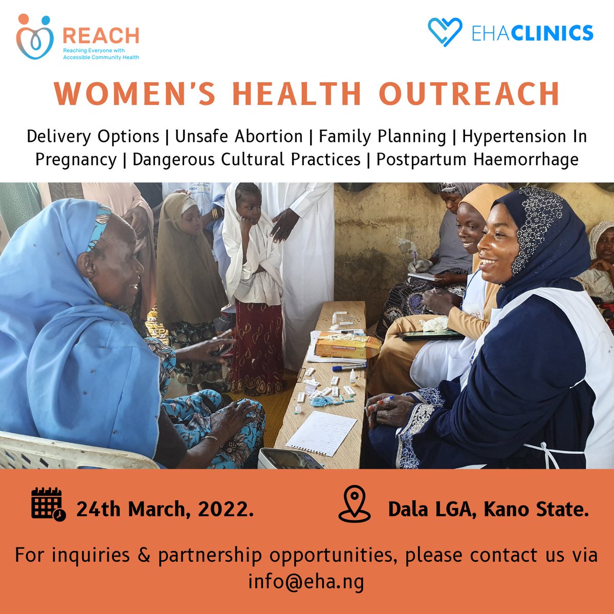 EHAClinics's tweet photo. In celebration of Women’s Month, EHA Clinic’s REACH team is set to conduct a Women’s Health outreach in Dala LGA, Kano State.
For more information on how you can partner with the REACH Team contact 0800-342-254-6427 or visit https://t.co/N7ehSxhNjo
#EHAClinics #REACHProgram https://t.co/02gdvcvnAf