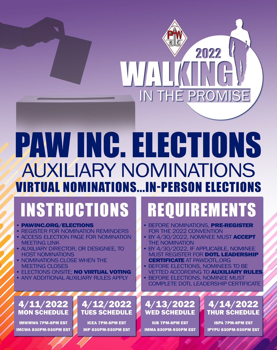 IPYPU's tweet image. IMPORTANT ANNOUNCEMENT
The PAW Auxiliary Virtual nominations are scheduled to take place in April!

Thursday April 14, 2022 @ 8:30PM EST

You MUST be registered for the 2022 Summer Convention in order to participate in the nomination process. 

Please contact us at info@ipypu.org