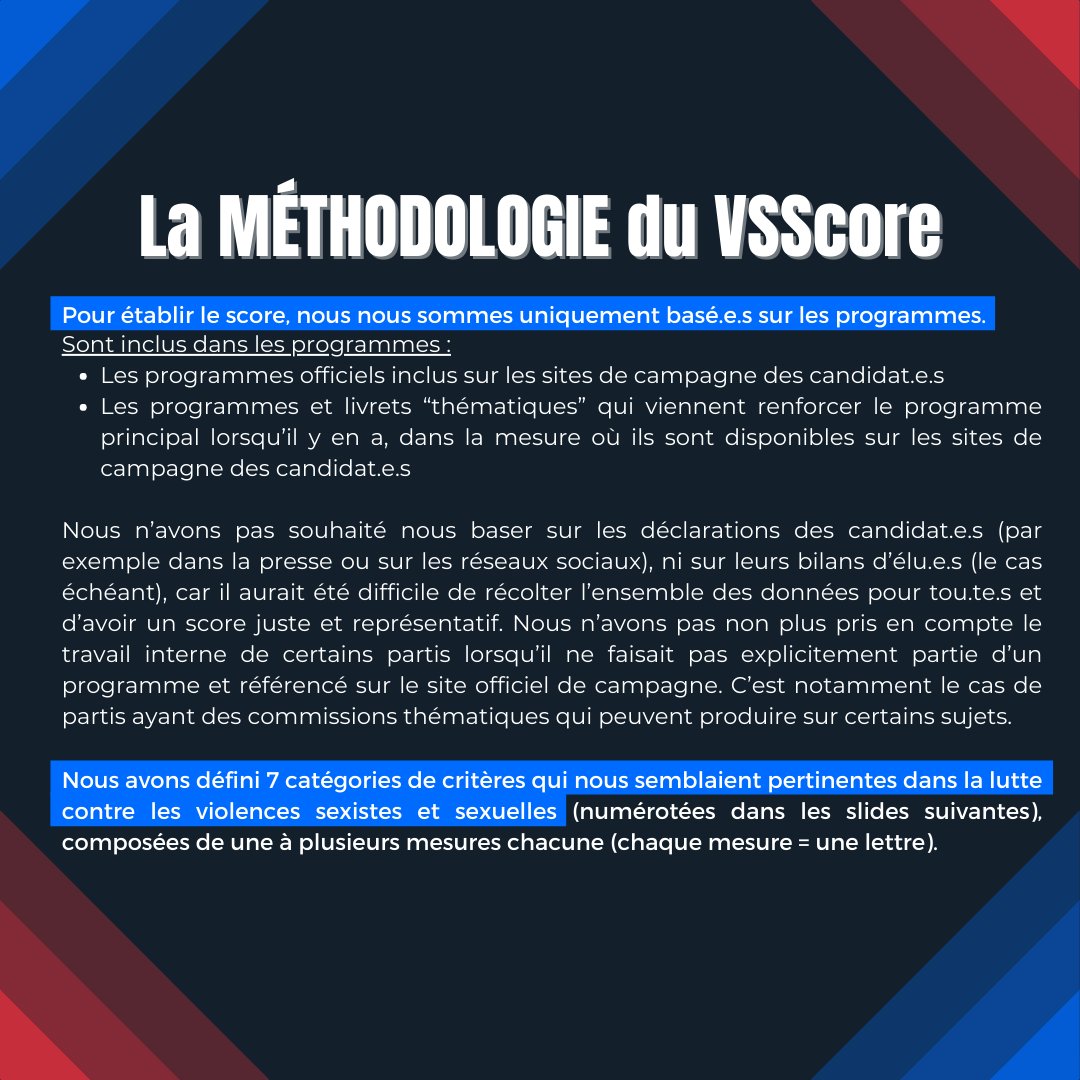 📣 Après la présentation du VSScore, voici la méthodologie qui nous a permis de mettre en place cet outil !

ℹ️ À noter que l’#observatoire s’est basé seulement sur les programmes des candidat.e.s à la #presidentielle2022 et non sur leurs déclarations. ⤵️