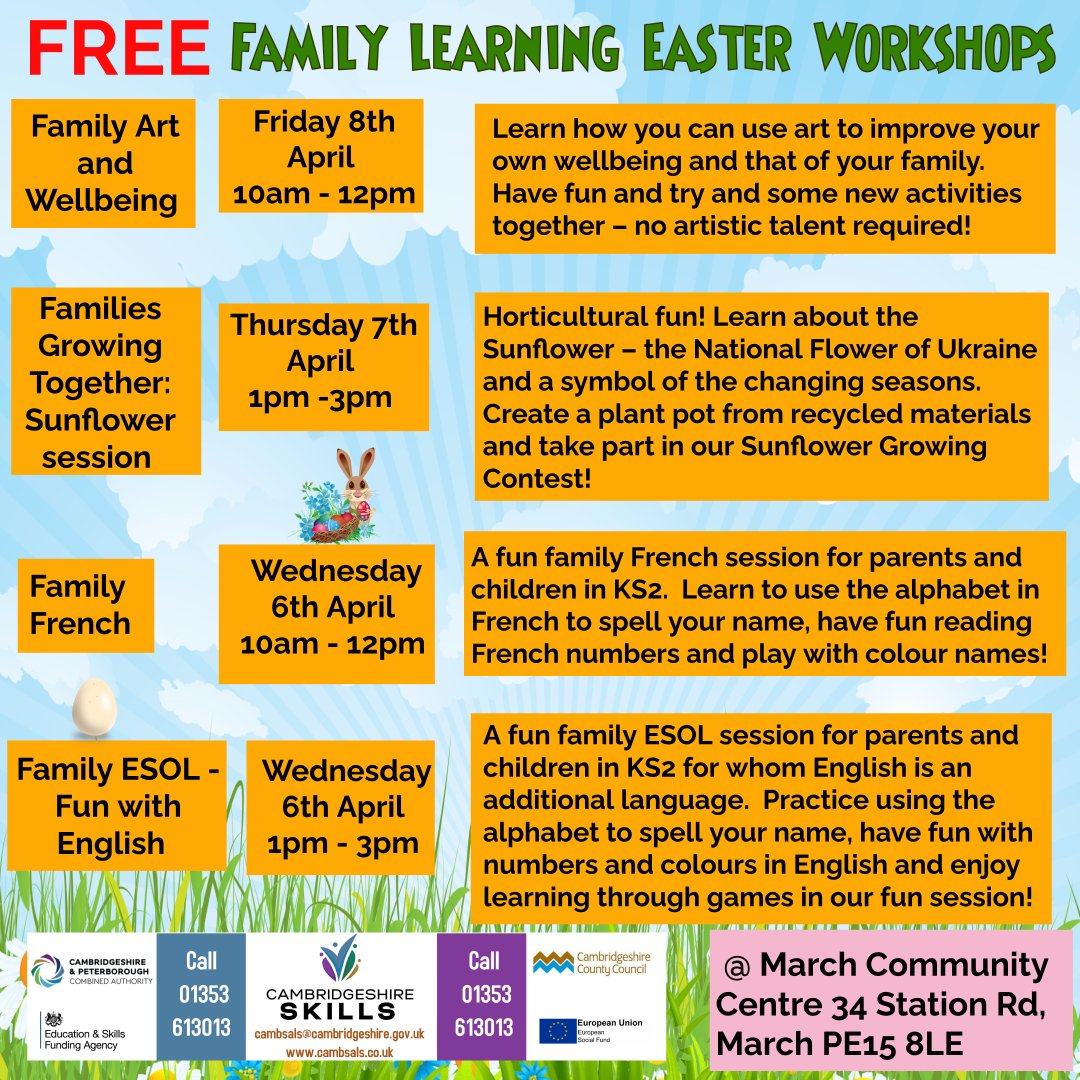 Cambridgeshire Skills (@cambsskills) on Twitter photo Free Family Learning Easter Workshops <a href="/CentreMarch/">March Community Centre</a> this April!
No booking required - just turn up and enjoy the fun!
Please note: Children must be accompanied by an adult
#skills
#fun
#EasterBunny Free Family Learning Easter Workshops <a href="/CentreMarch/">March Community Centre</a> this April!
No booking required - just turn up and enjoy the fun!
Please note: Children must be accompanied by an adult
#skills
#fun
#EasterBunny