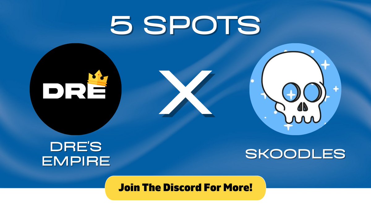 Dre's Empire x Skoodles

@TheSkoodles have given us 5x wl spots to giveaway 

How to enter: 
1. Follow @TheSkoodles, <a href="/Dres_Empire/">Dre</a> and <a href="/Web3Crusader/">Web3Crusader - Oliver</a> 
2. Like, RT and Tag 3 friends

Ends in 48 hours!!!