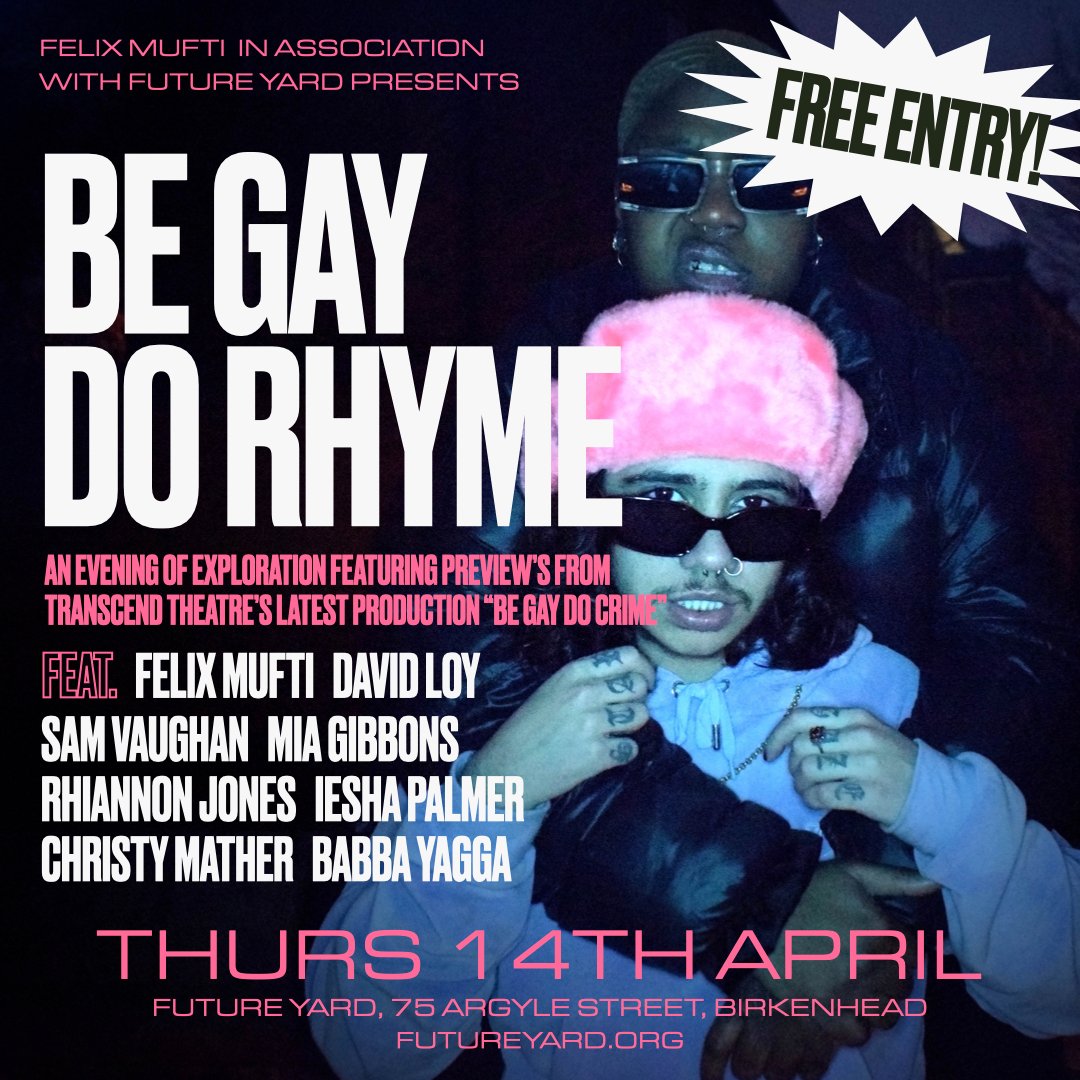Be Gay Do Rhyme is an evening of exploration and major vibes - featuring previews from <a href="/transcendtheat1/">transcend theatre</a>'s next production ‘Be Gay Do Crime.’ 
On 14th April, come along to meet the cast, listen to some tunes and get a feel for the world this rap-musical-extravaganza is set in.