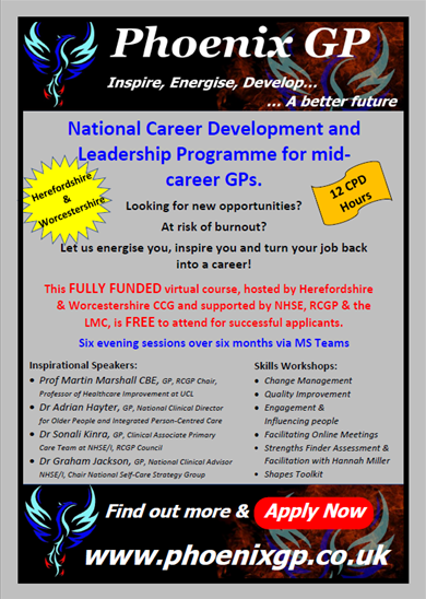 PhoenixGPProg's tweet photo. 🌟HEREFORDSHIRE &amp; WORCESTERSHIRE🌟

https://t.co/gRJ4iILmFD

National Career Development &amp; Leadership Program for Mid-Career GPs

Skills Workshops &amp; Inspiring Speakers

@MartinRCGP
@Dochayter
@SonaliKinra
@Jacksongraham9
@DrRachelMorris
@hollielhastings
@THCPrimarycare

APPLY NOW https://t.co/MK9cca13bg