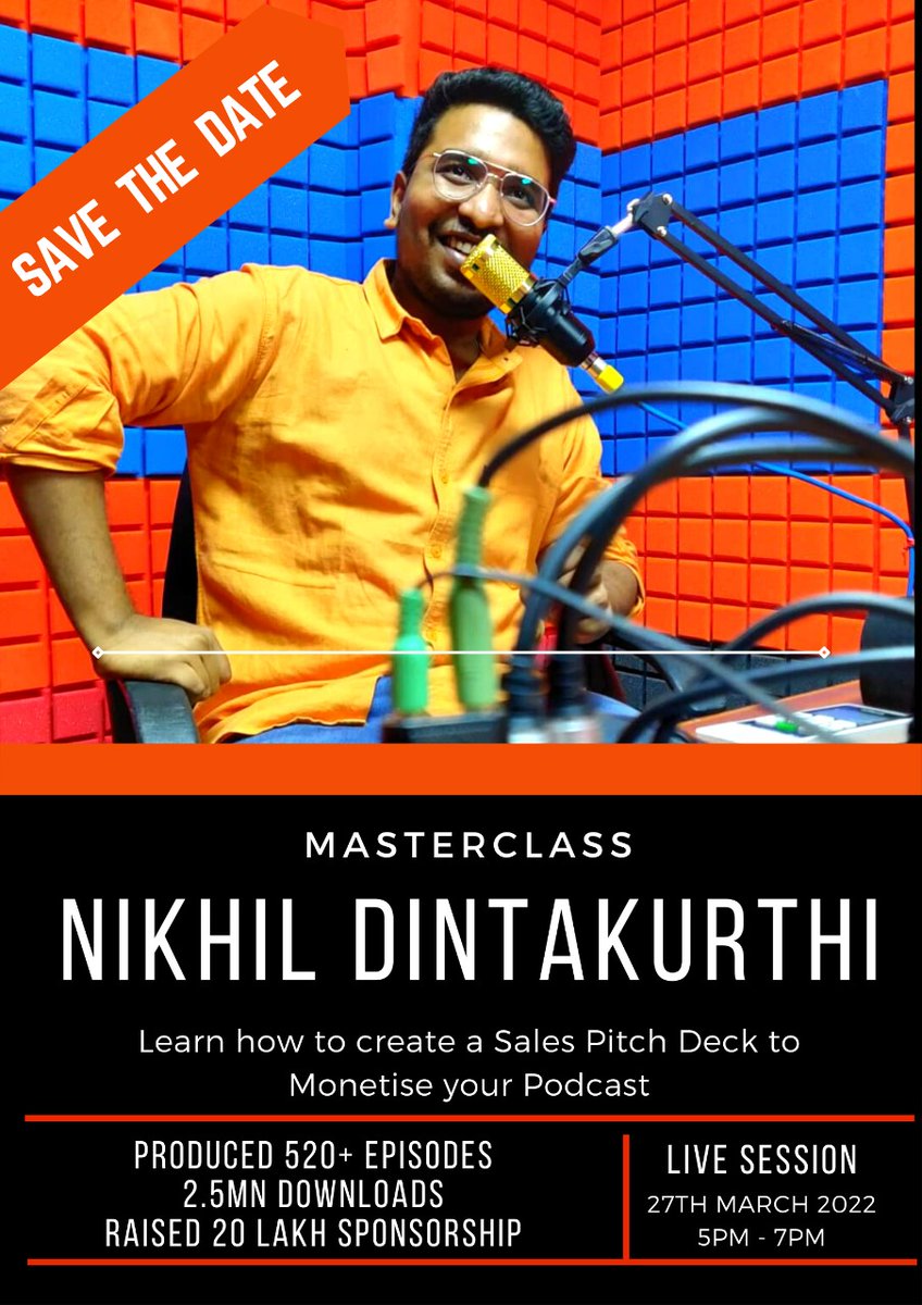 Sonologue's tweet photo. In this 2 hour experiential Master Class with @nikhilmikel, learn how to make a buck with podcasting and become a Master in #Podcast Monetisation. 

Details:
Date - 27th March 2022
Time - 5pm to 7pm

Link: https://t.co/R1vrknjKqi https://t.co/RngWxLy0cM