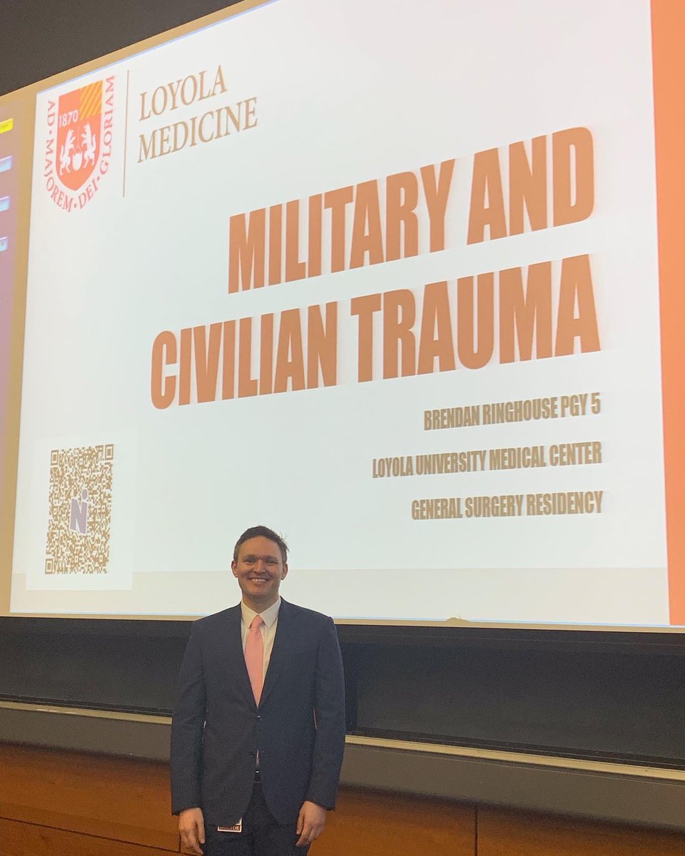 LoyolaSurgery's tweet photo. Dr. and Lieutenant Commander Brendan Ringhouse presented his Grand Rounds today titled “Military and Civilian Trauma.”

Next Steps: Dr. Ringhouse will be continuing his training with a Trauma and Critical Care fellowship at Washington University in St. Louis @WashUSurgery https://t.co/3tHeqquMbs
