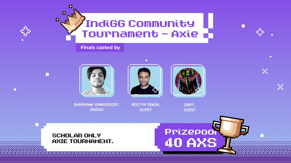 🎙️The Scholar Only Tournament Semi-finals &amp; Finals are happening tomorrow and we have some of the ~best gamers~ casting the finals!

They are @shash_blc <a href="/CryptooAdy/">Aditya Singh</a> <a href="/gameofbitcoin/">Gary</a>

🔔Set a reminder and join our discord :
Time - 5.30PM IST
Discord - discord.gg/igg