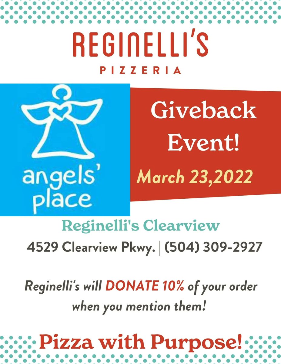 Join us for #PizzaWithPurpose at <a href="/reginellisNOLA/">Reginelli's Pizzeria</a> 🎉⁣⁣
When you mention #AngelsPlace, 10% of your bill will be donated. 😇💙⁣ 
Come enjoy a great meal and help us help our kids🍕
#NonProfit #childrenscharity #Reginellis #helpingkids #helpingfamilies