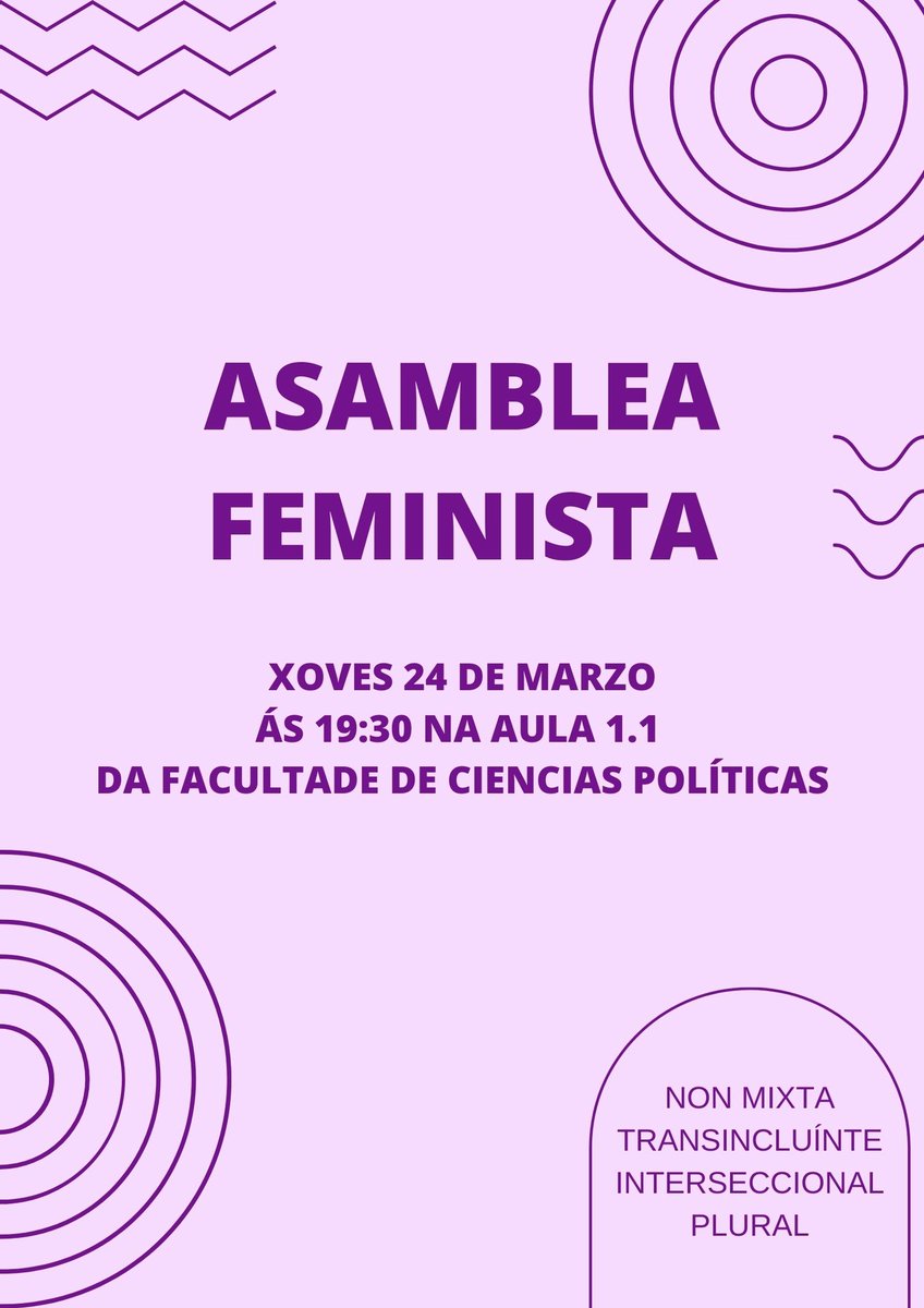 Mañá terá lugar unha nova asemblea ás 19:30 na Facultade de Ciencias Políticas. 
Animádevos a vir!! 💜✊🏾